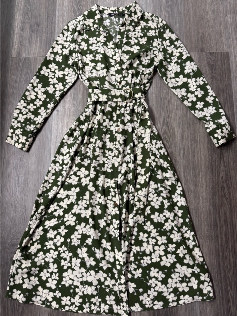 Zara Olive Green Floral Midi Shirt Dress Belted LS Garden Party Cottagecore M
